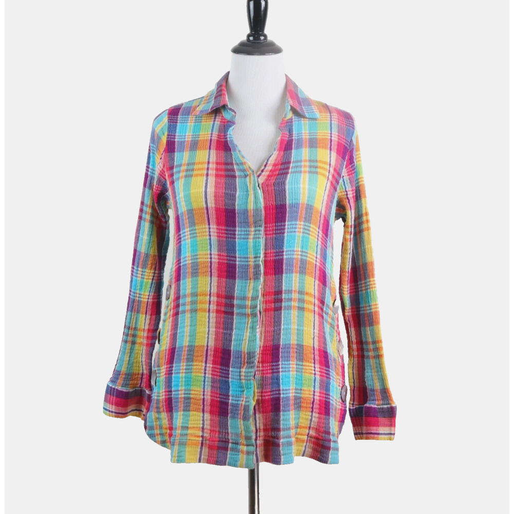 Soft Surroundings Size M Kona Shores Shirt Crinkle Plaid Multicolor - Picture 2 of 11